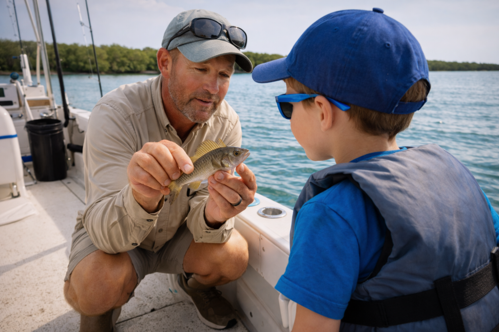 Man showing fish to a child.