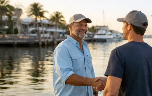Charter captain greeting guests at the dock with prospective fishing charter guests in Key West