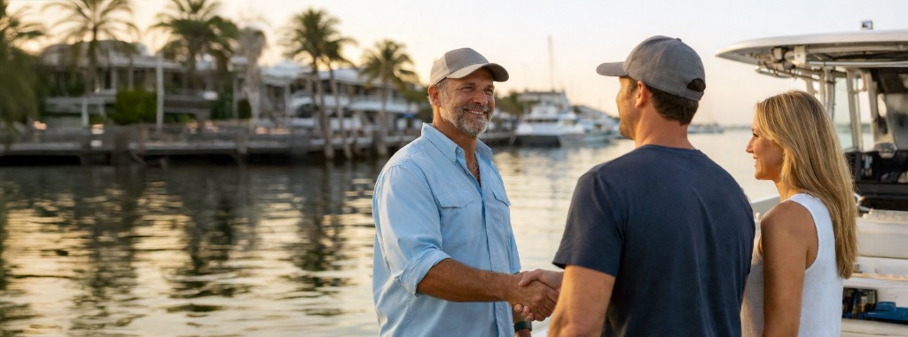 Charter captain greeting guests at the dock with prospective fishing charter guests in Key West